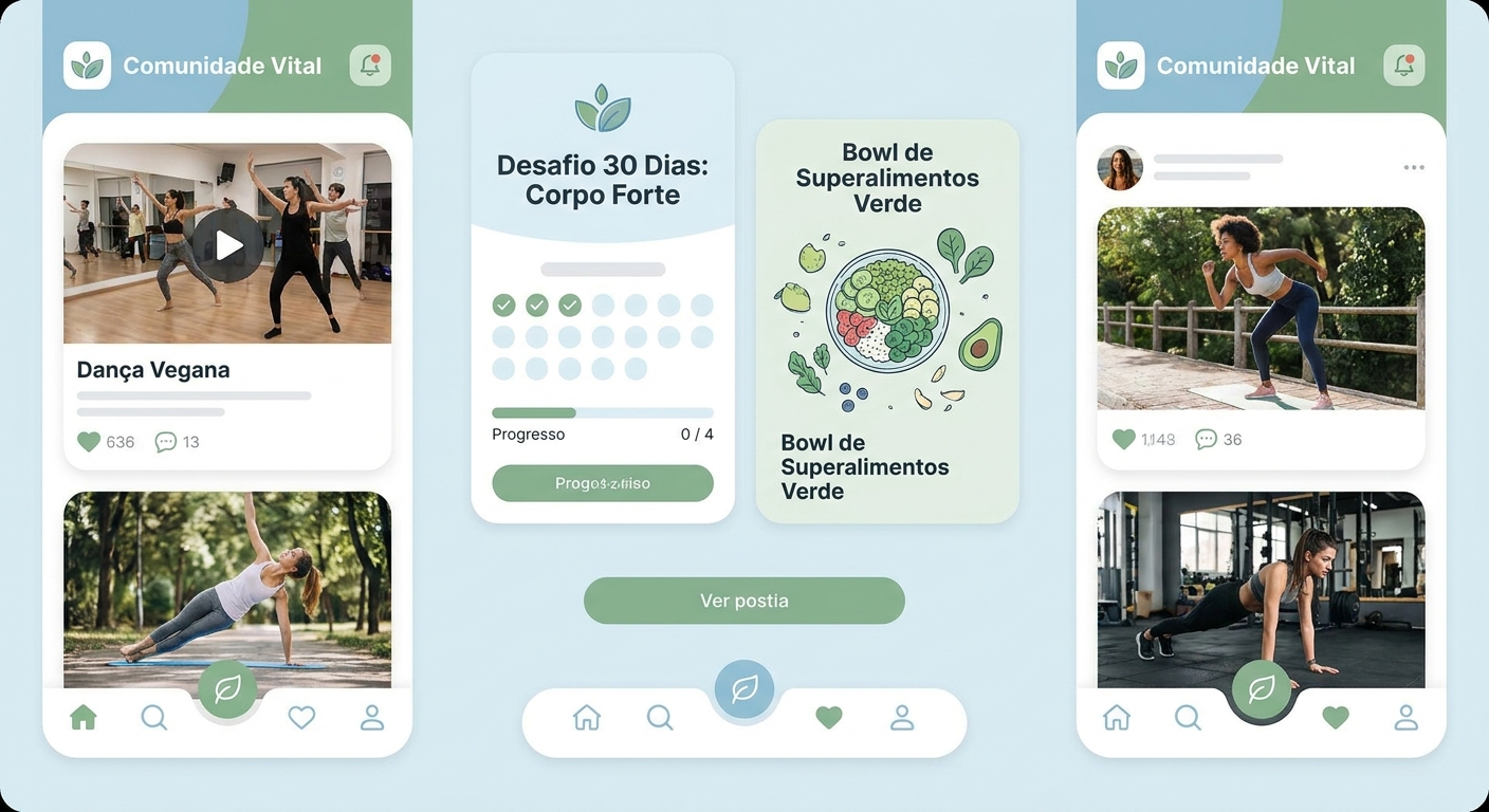 Feed de comunidade privada em aplicativo com desafio de dança vegana promovendo engajamento e estilo de vida saudável