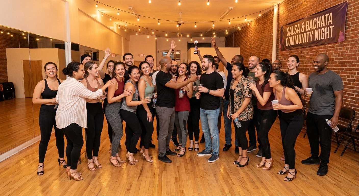Comunidade de alunos de dança latina compartilhando e celebrando