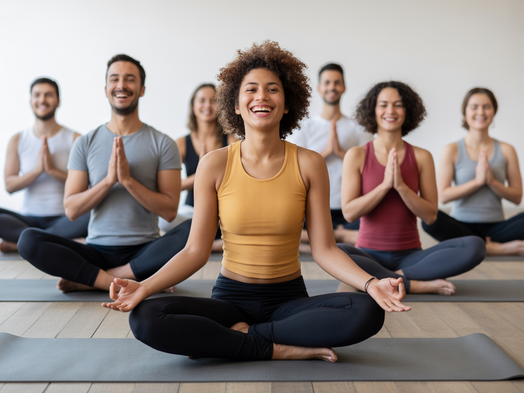Alunos de uma comunidade de yoga virtual interagindo felizes, demonstrando o sucesso de um negócio de yoga online focado em conexão.