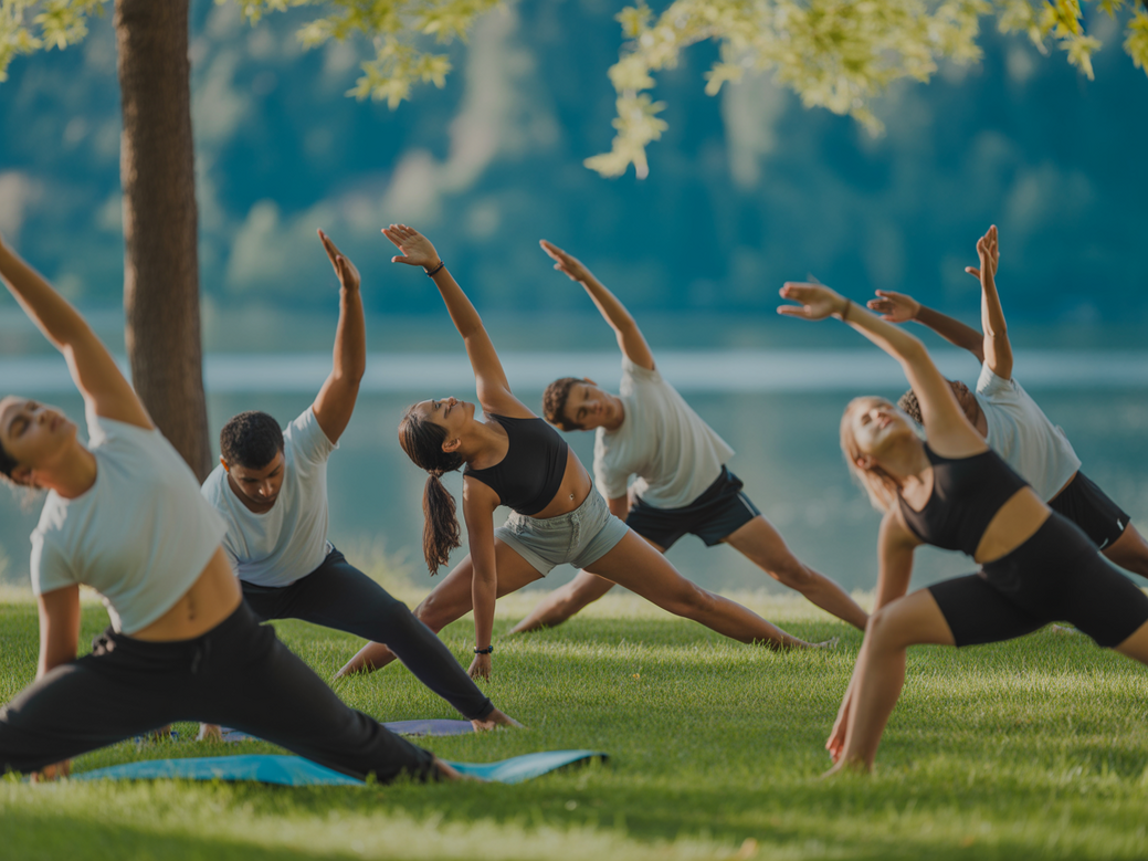 A community of students practicing yoga together, symbolizing the unity a physical educator can build.