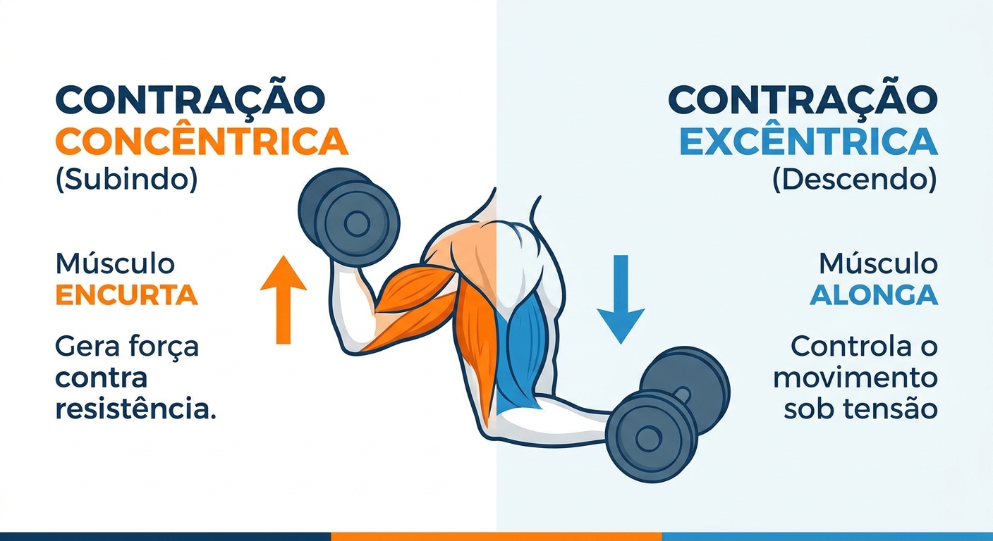 Infográfico didático comparando contração excêntrica e concêntrica do músculo durante exercício de rosca direta, ideal para personal trainers e fisioterapeutas esportivos