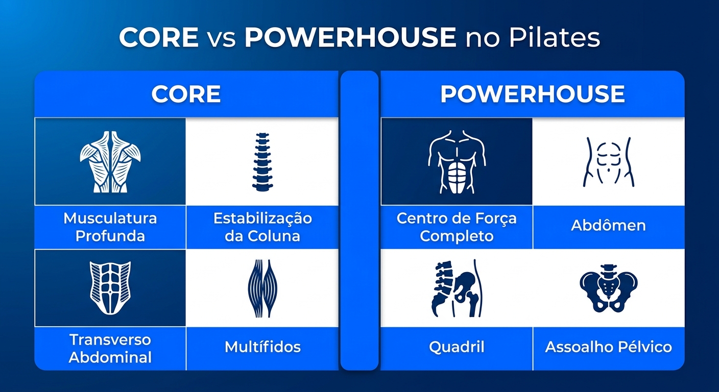 Infográfico comparativo entre CORE e Powerhouse no Pilates