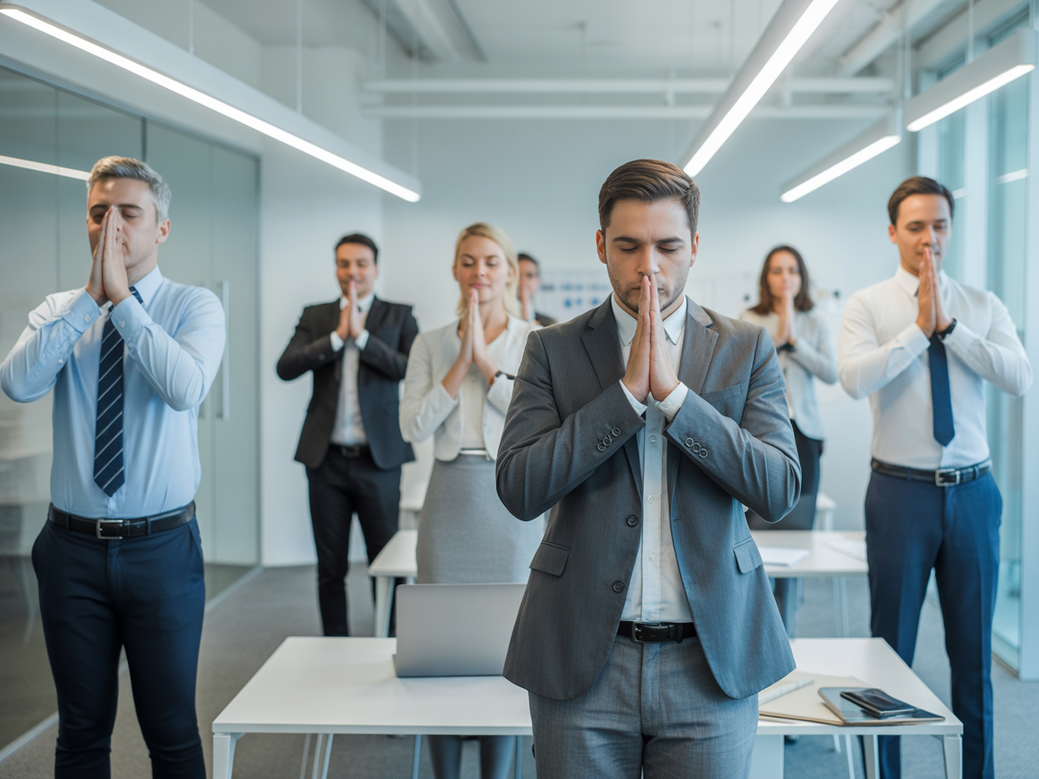 Equipe corporativa praticando exercícios de respiração consciente em um escritório moderno