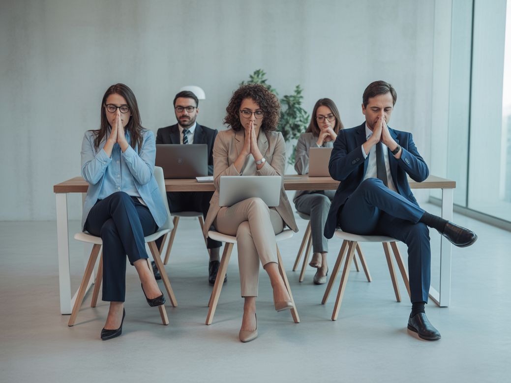 Profissionais meditando em um ambiente de escritório sereno, aplicando a filosofia do jiu jitsu para empresas