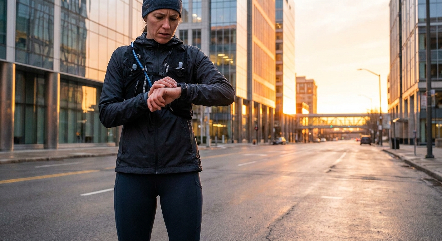 Corredor utilizando smartwatch para monitorar frequência cardíaca e foco mental durante treino de corrida de rua