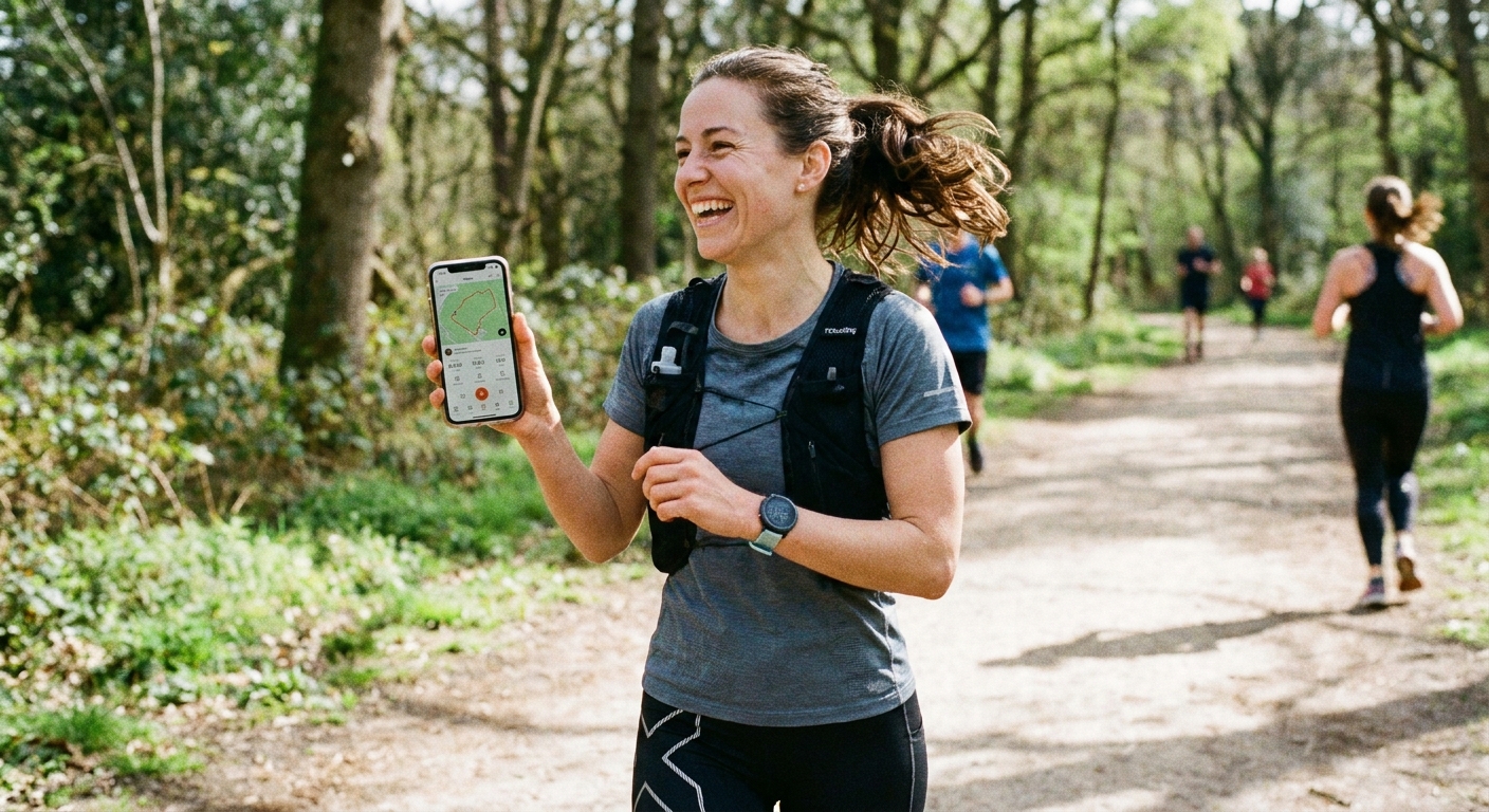 Corredor sorrindo enquanto usa app de treino durante corrida ao ar livre