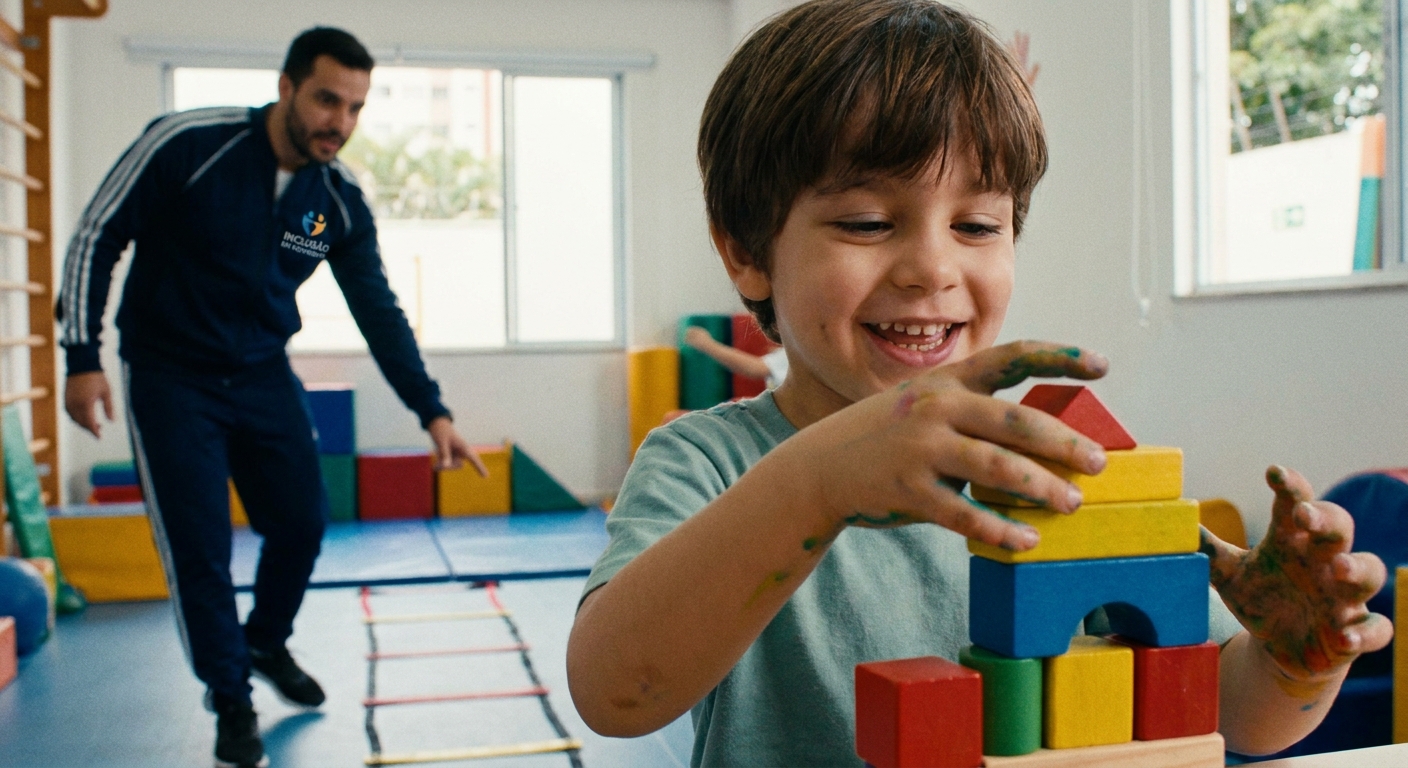 Criança com autismo engajada em atividade lúdica de coordenação motora com seu personal trainer