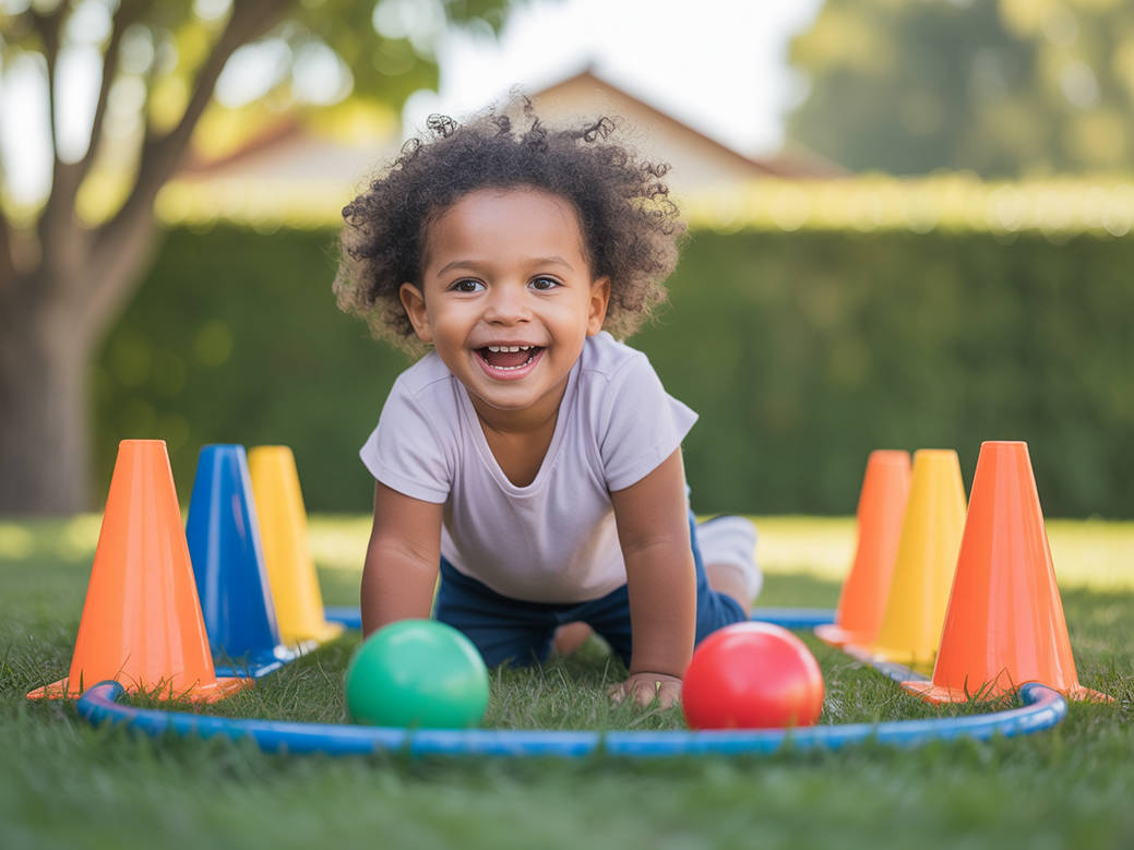 Criança com autismo focada em atividade de educação física que desenvolve a coordenação motora fina.