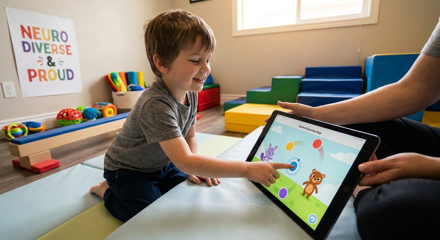 Criança autista realizando atividade de coordenação motora com apoio de tablet e exercício guiado em ambiente lúdico e acolhedor