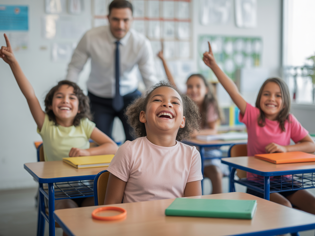 Grupo de crianças sorrindo e participando de uma aula de educação física escolar.