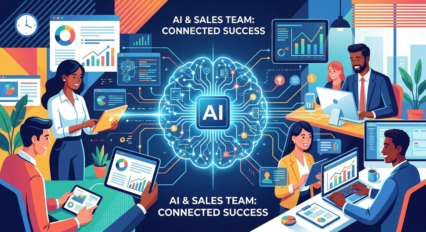 Ilustração de equipe de vendas utilizando CRM automatizado com IA para gerenciar leads