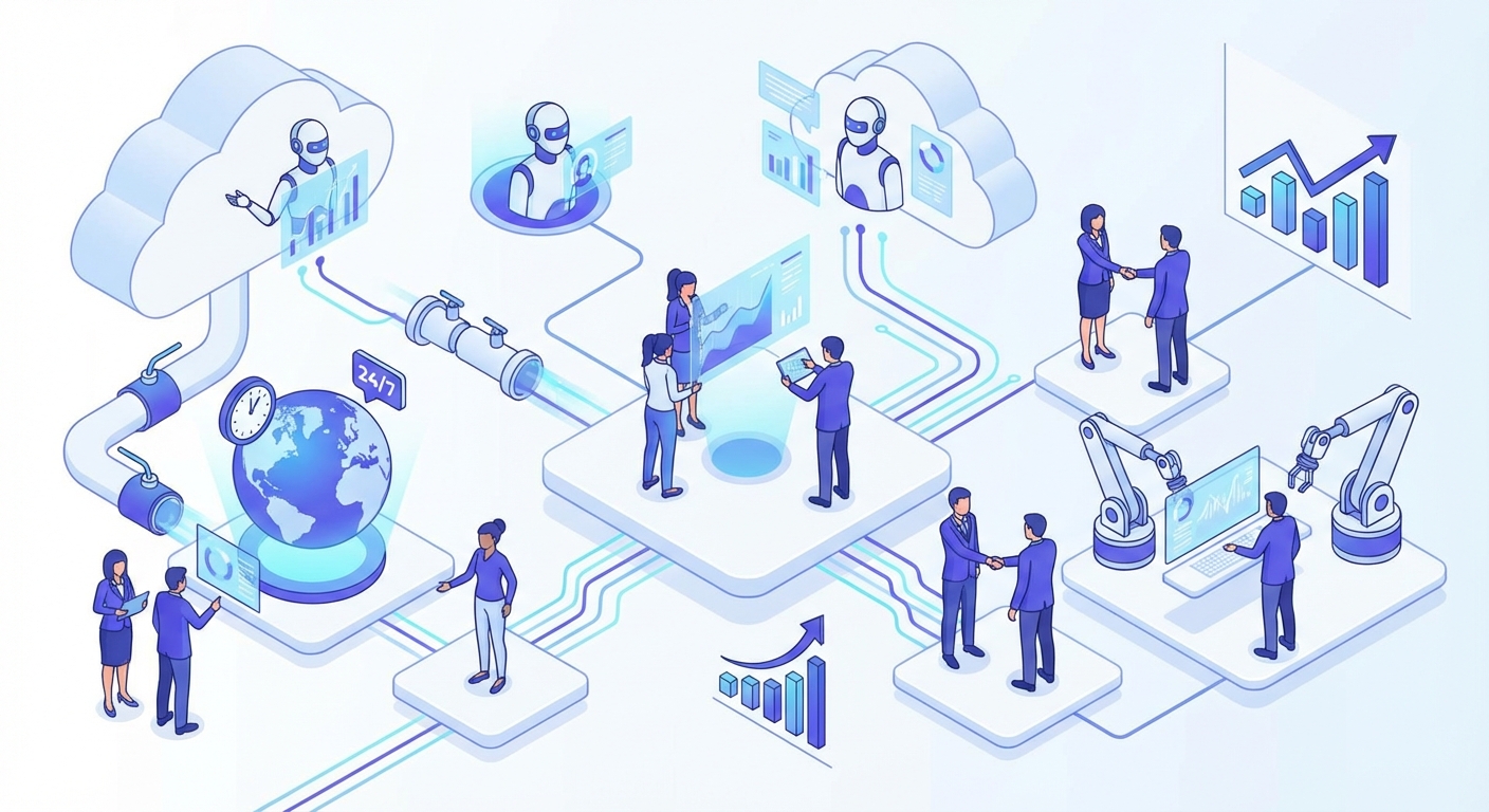 Ilustração do Zappipe, sistema de CRM automatizado com IA mostrando time de vendas virtual operando 24 horas
