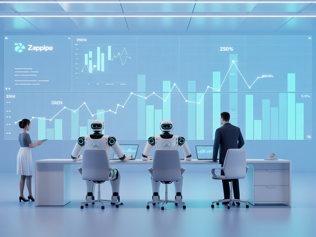 Equipe de vendas futurista com robôs e humanos trabalhando juntos em um escritório moderno com o CRM com IA Zappipe