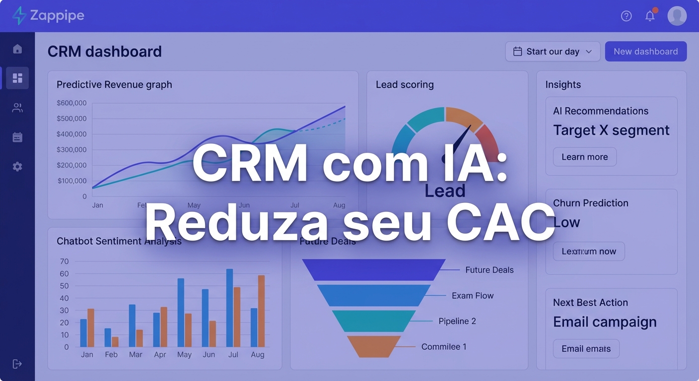 Dashboard de CRM com IA exibindo métricas de CAC e conversão em tempo real