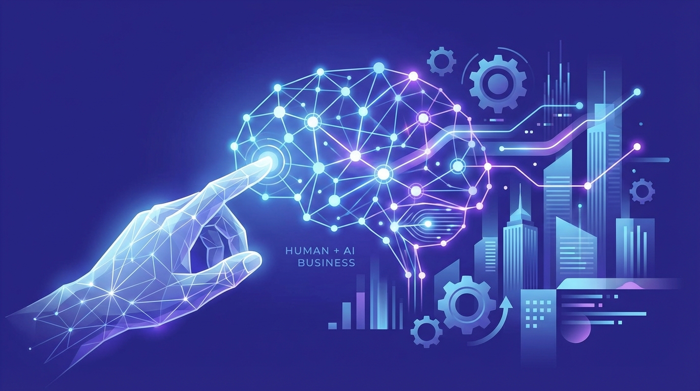 Ilustração moderna de uma mão humana interagindo com uma interface de inteligência artificial, simbolizando a união entre tecnologia e marketing.