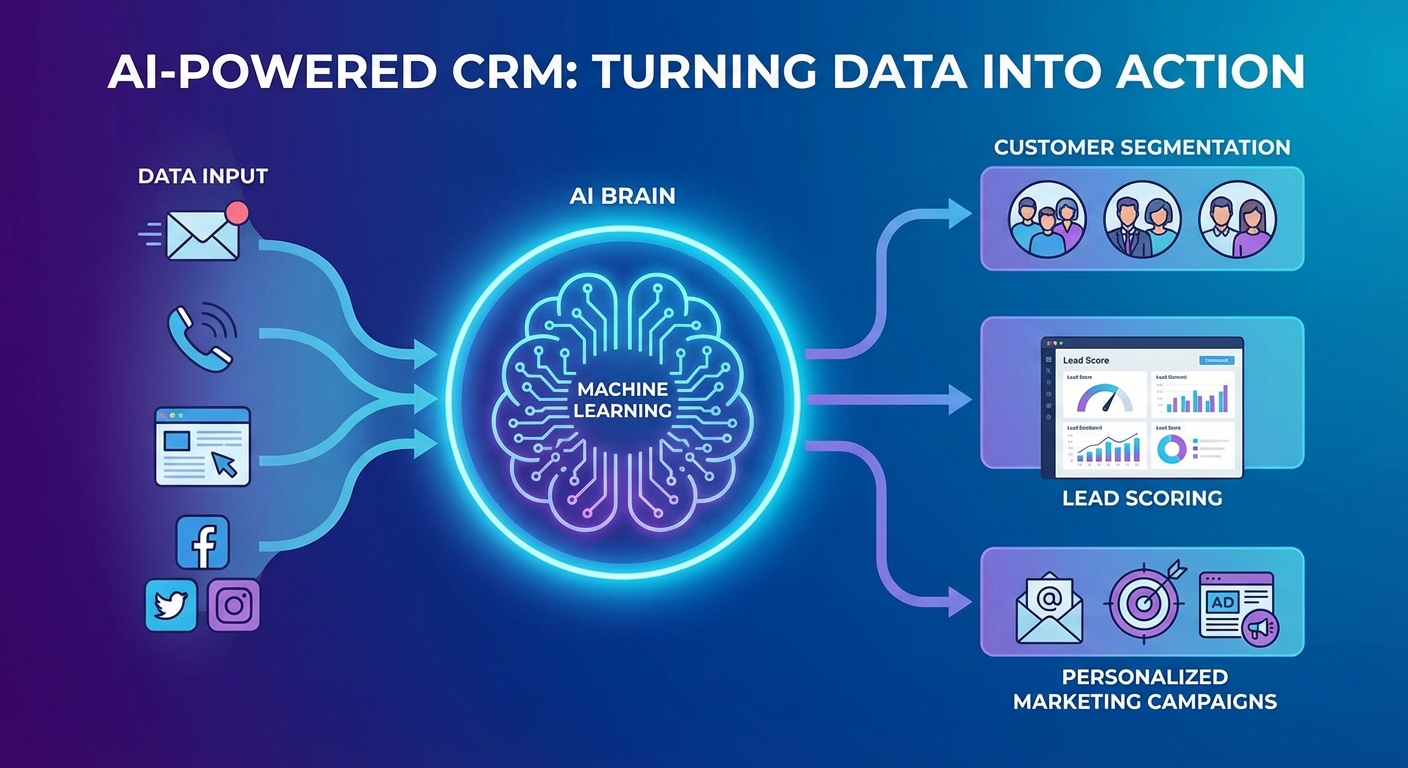 Infográfico ilustrando sistema CRM com IA, mostrando automação de leads, análise preditiva e redução de CAC