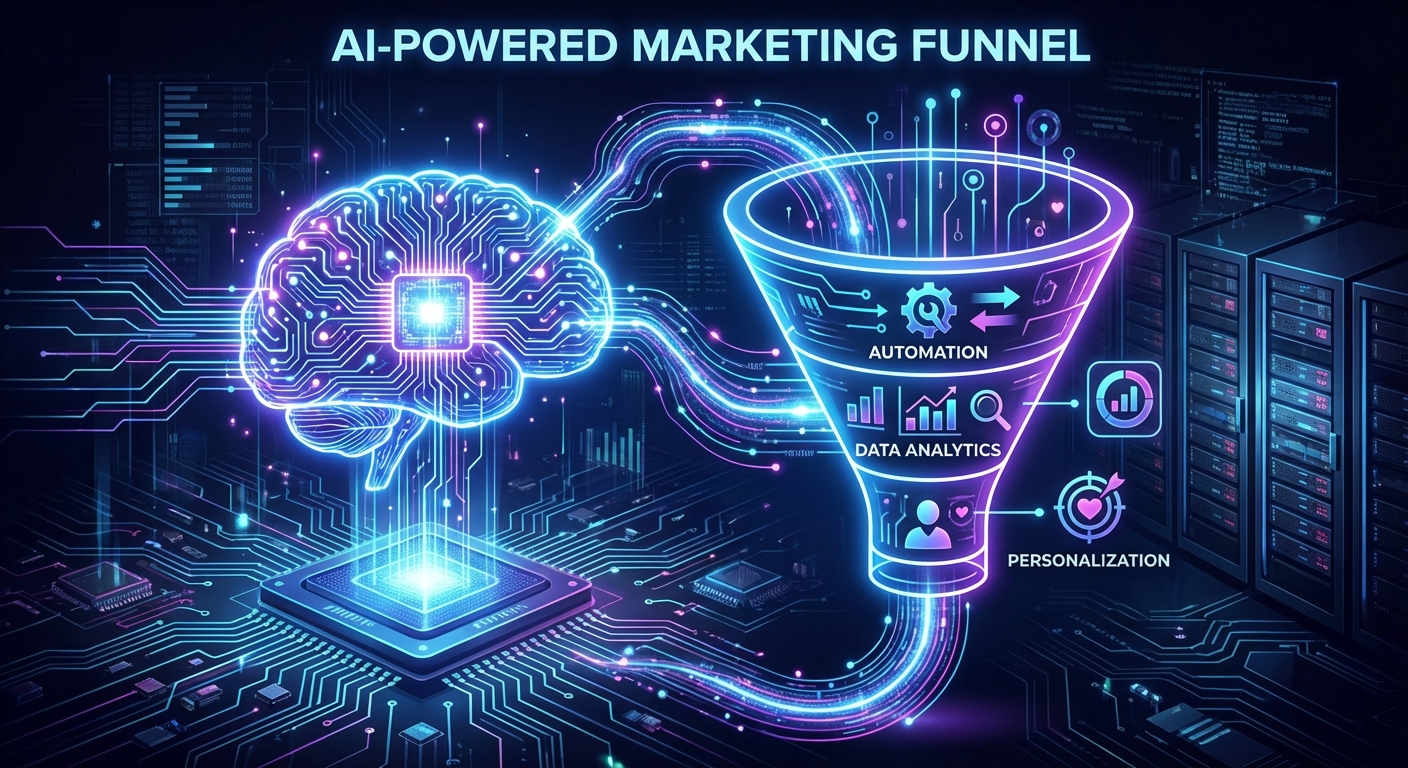 Ilustração de sistema CRM com IA conectado a funil de vendas digital