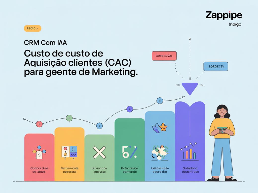 Infográfico mostrando como um CRM com IA reduz o Custo de Aquisição de Clientes (CAC) através da automação e personalização.