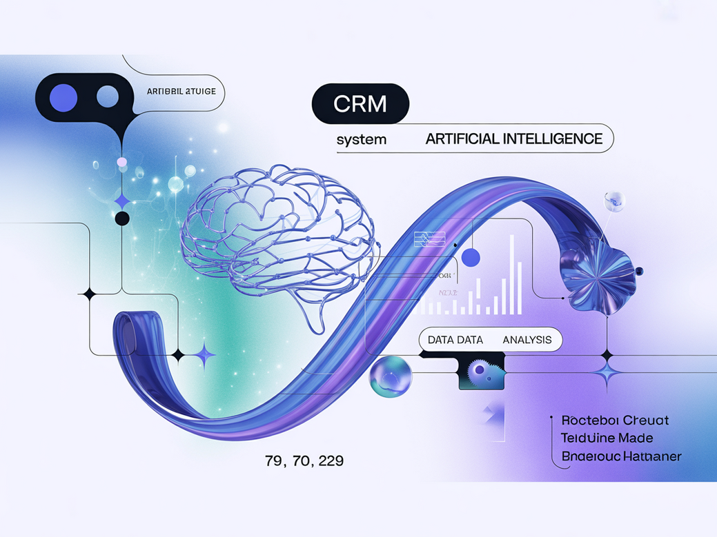 Infográfico mostrando a sinergia entre um CRM com IA e o fluxo de dados de marketing, simbolizando equilíbrio e eficiência.