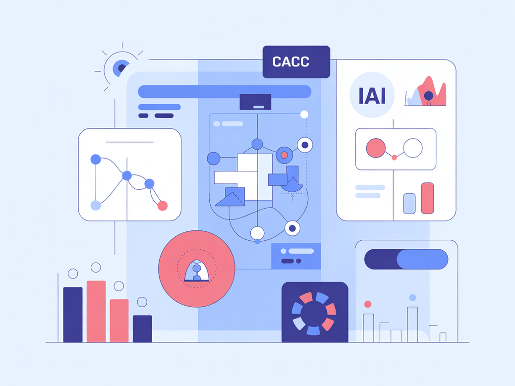 Ilustração de um CRM com IA otimizando o funil de inbound marketing e reduzindo o CAC com gráficos e automações.