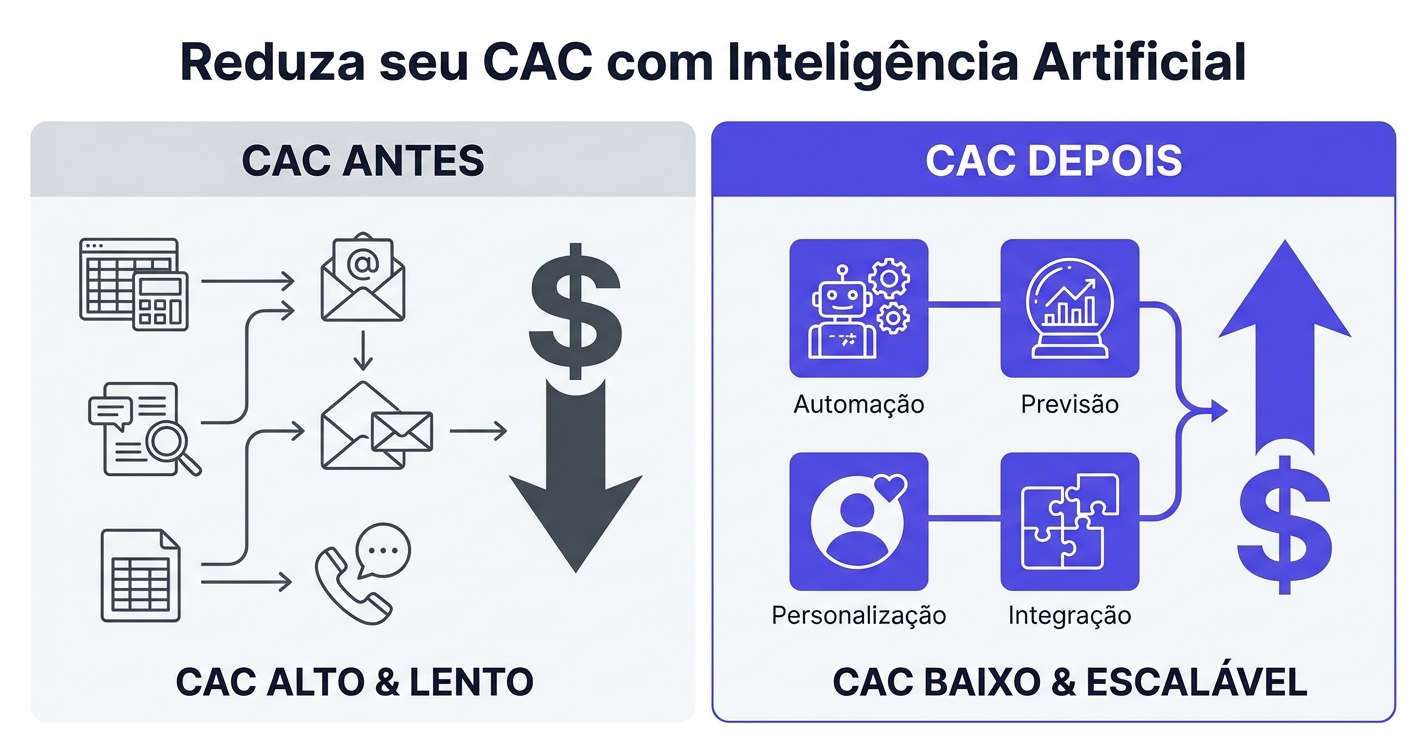 Ilustração demonstrando redução de CAC com CRM com IA, mostrando automação, análise preditiva e crescimento de vendas
