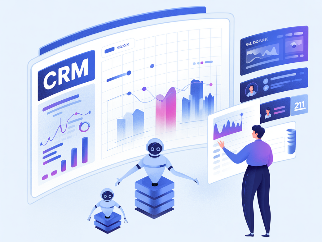 Gerente de marketing analisando um dashboard de CRM com IA, mostrando gráficos de crescimento e automação de vendas.