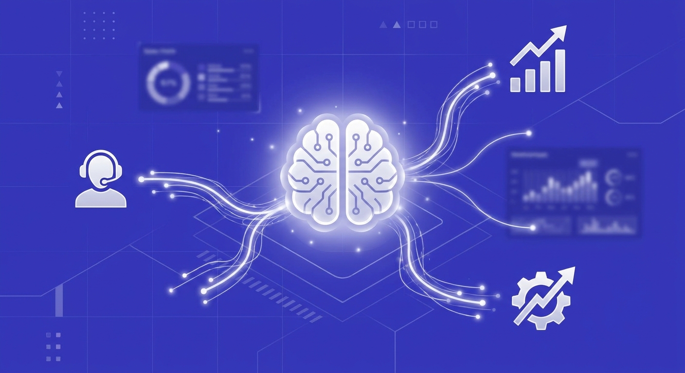 Ilustração de um CRM com IA conectando dados de clientes e otimizando processos de marketing