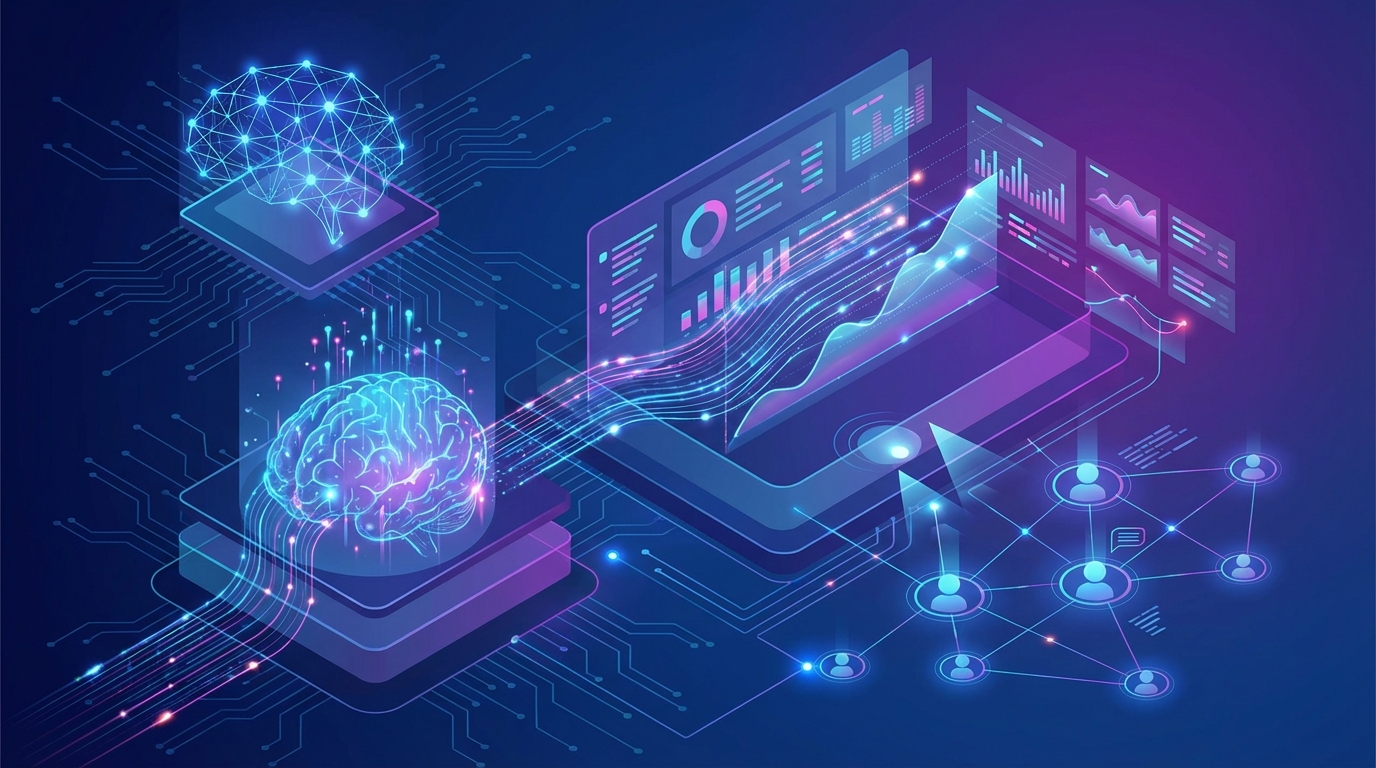 Ilustração de CRM com Inteligência Artificial mostrando automação de vendas e análise preditiva de dados