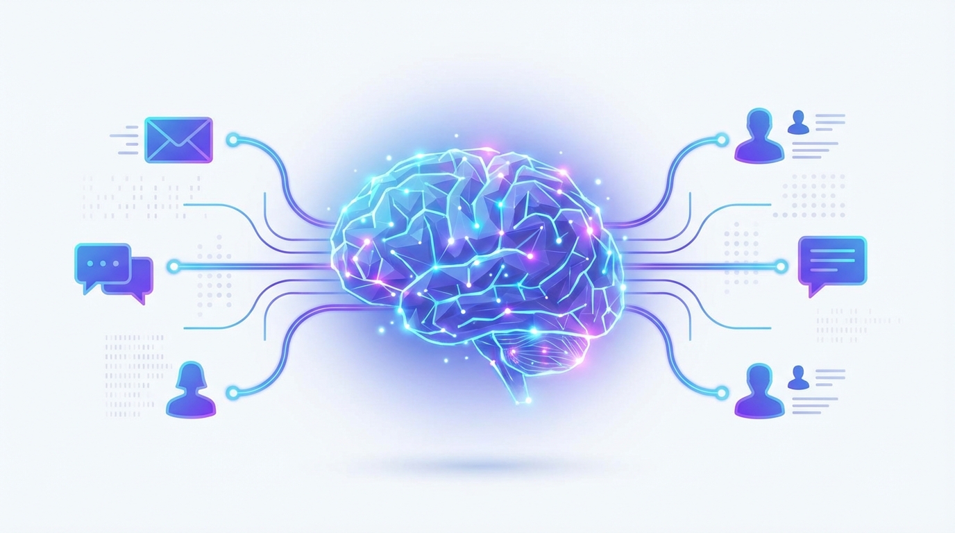 CRM com IA conectando dados de clientes em interface moderna