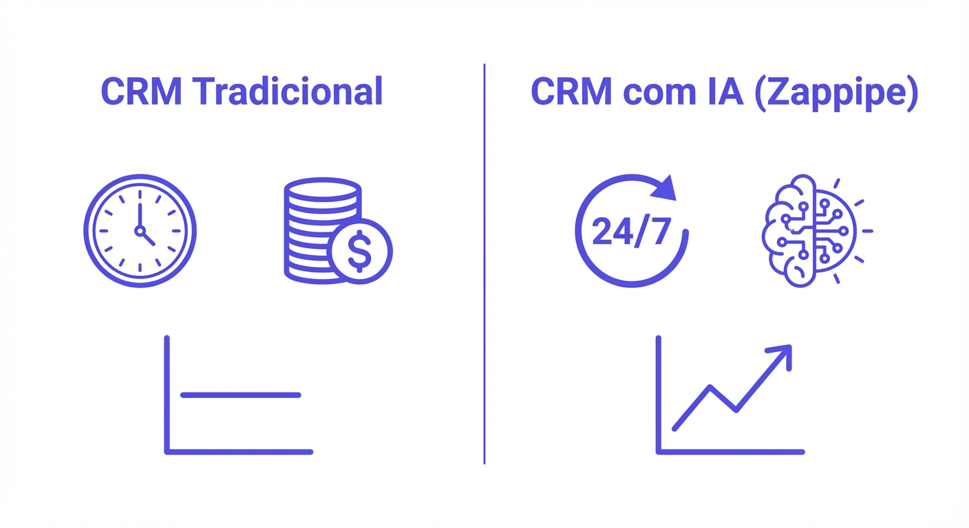 Comparação visual entre CRM tradicional e CRM com IA da Zappipe