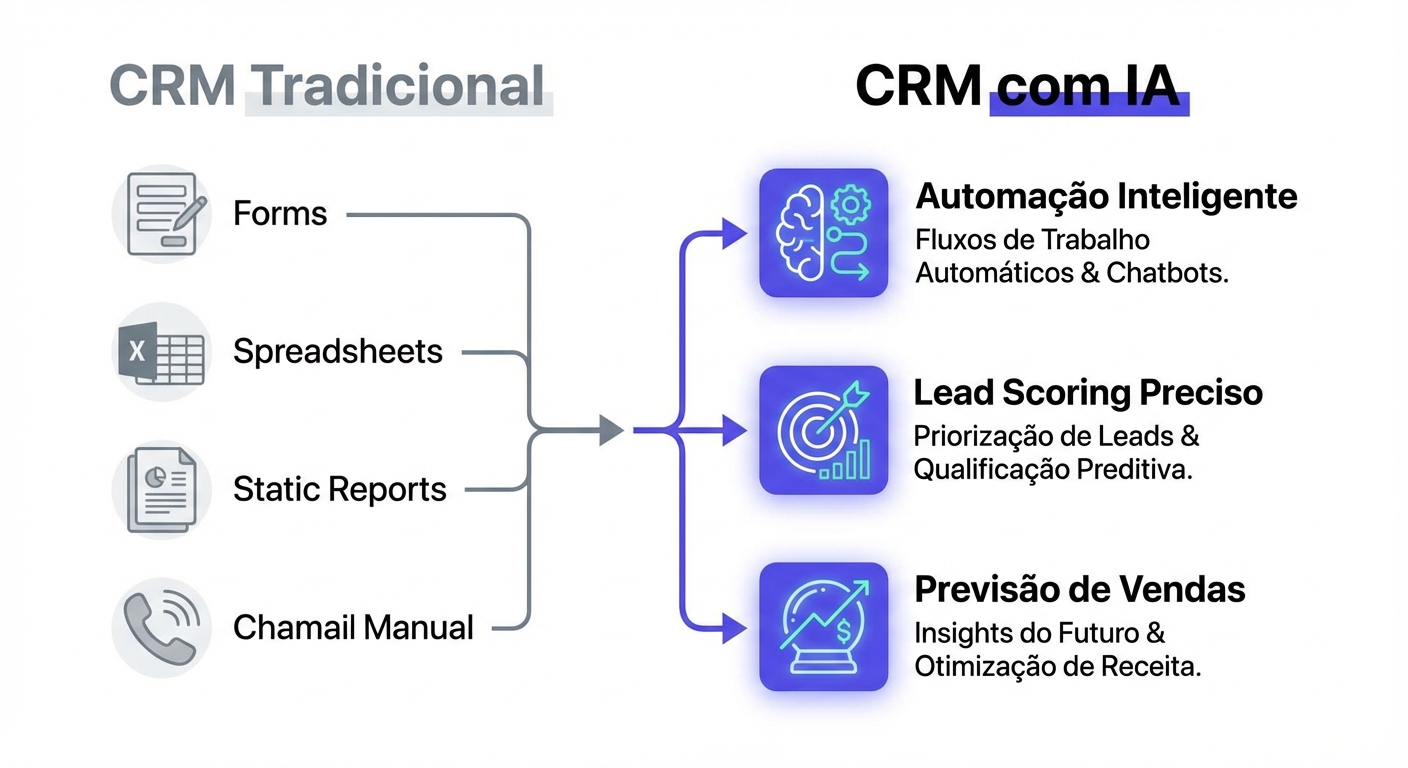 Comparação visual entre CRM tradicional e CRM com IA destacando automação inteligente