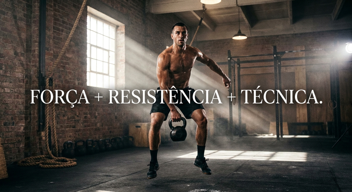Atleta de Cross Training realizando movimento funcional com foco em força, resistência e técnica