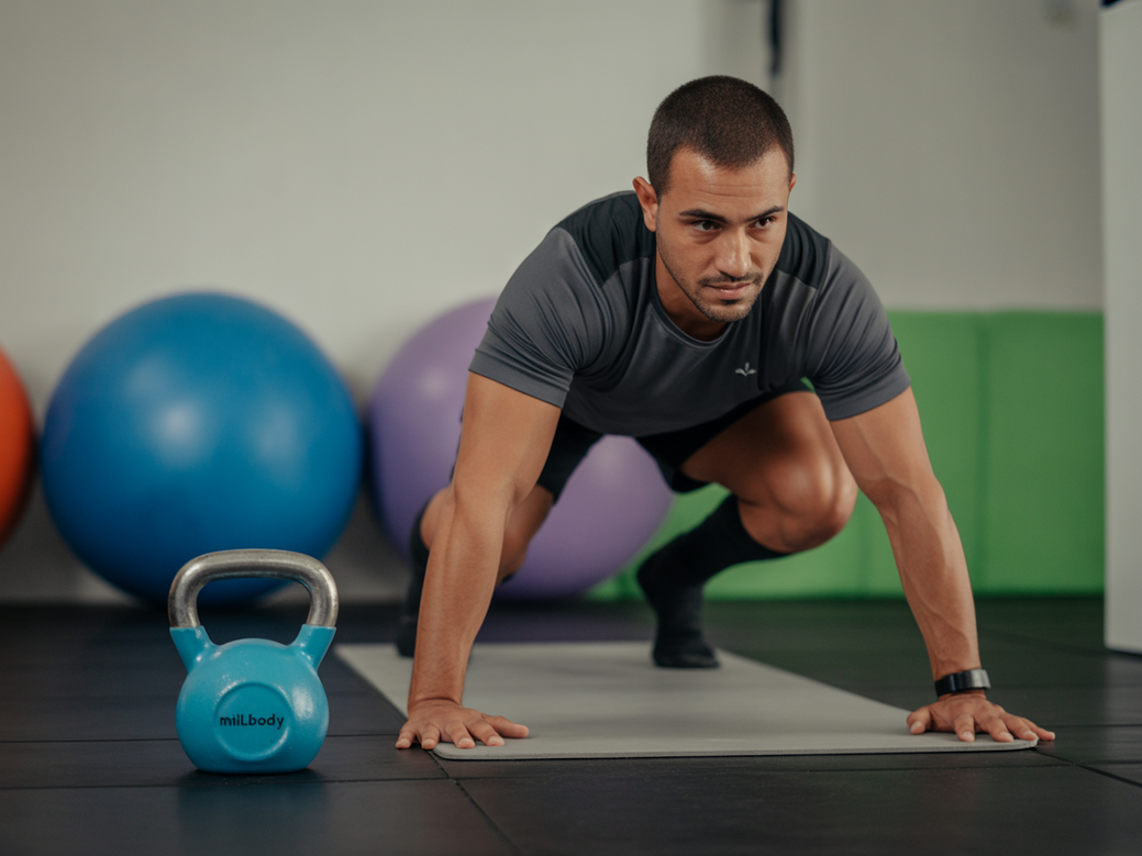Instrutor com certificação CrossFit Coach demonstrando um exercício adaptado em casa, um serviço oferecido na plataforma Personal Millbody.
