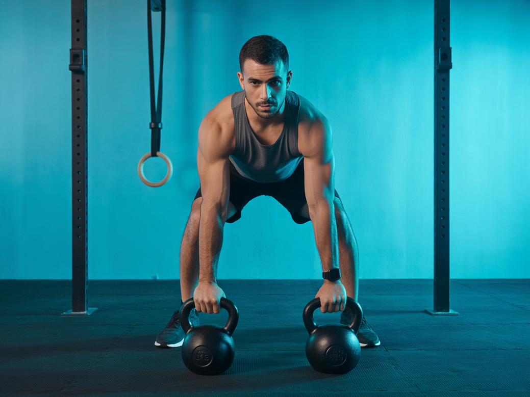 Instrutor demonstrando um exercício do método CrossFit Black Sheep em casa para um aluno online.