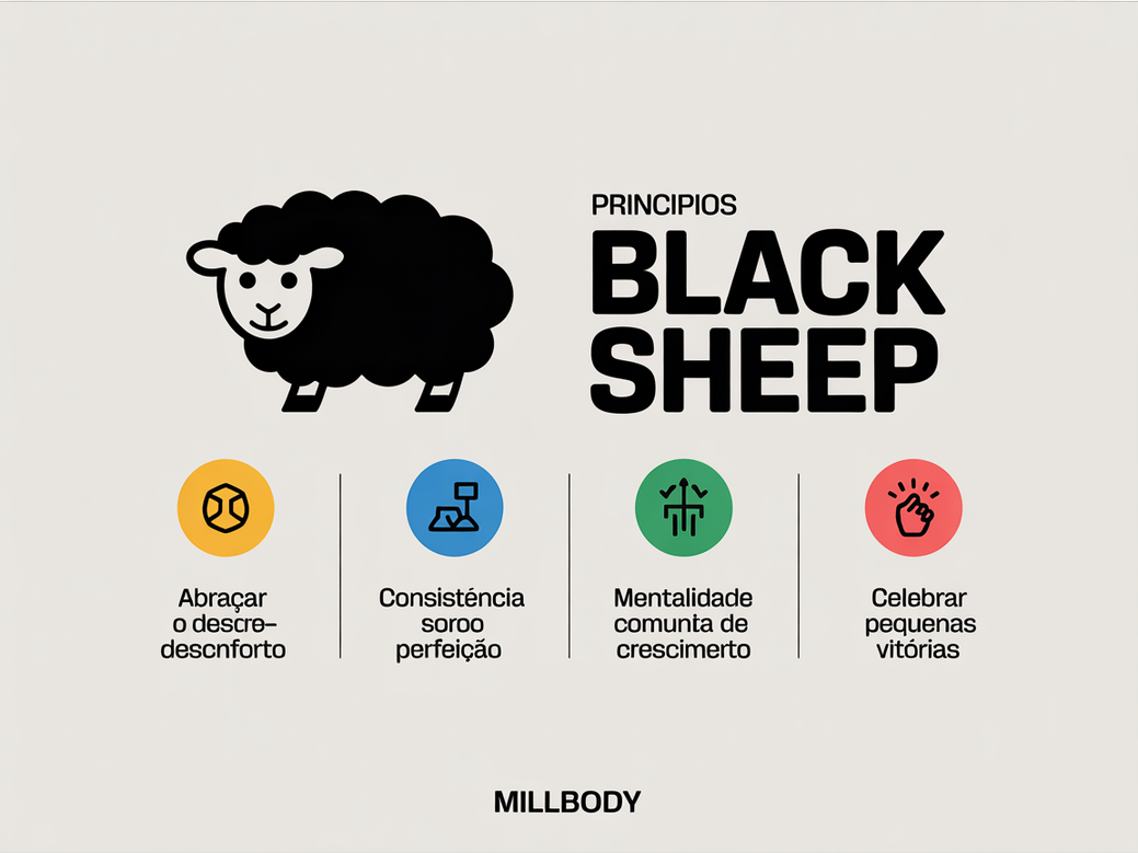 Infográfico com os 5 princípios da mentalidade CrossFit Black Sheep: Abraçar o desconforto, Consistência sobre perfeição, Comunidade como suporte, Mentalidade de crescimento e Celebrar pequenas vitórias, com o logo do Personal Millbody.