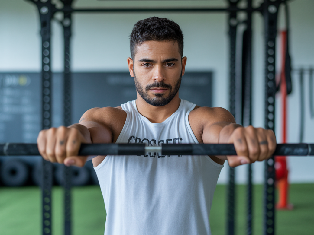 Instrutor de calistenia realizando um muscle-up, exemplo de treinamento crossfit calistenia.