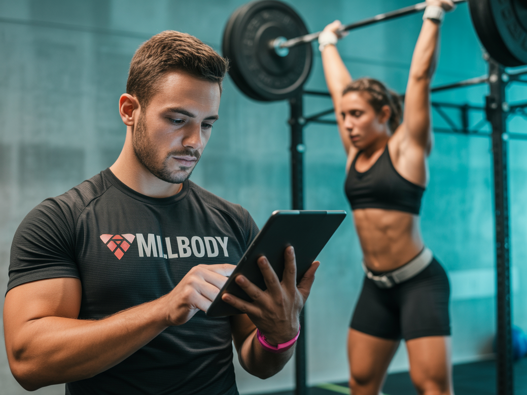 Preparador de atletas analisando dados de performance de CrossFit no tablet com a plataforma Personal Millbody.