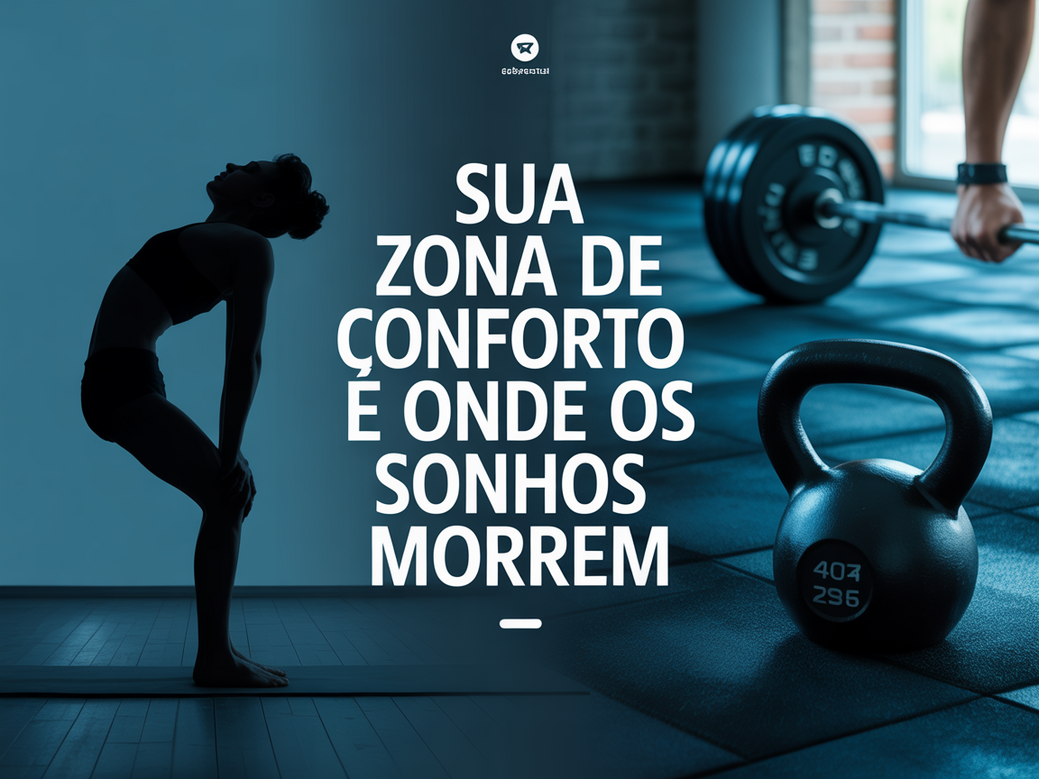 Montagem com silhueta de yoga, equipamentos de CrossFit e a frase 'Sua zona de conforto é onde os sonhos morrem'.
