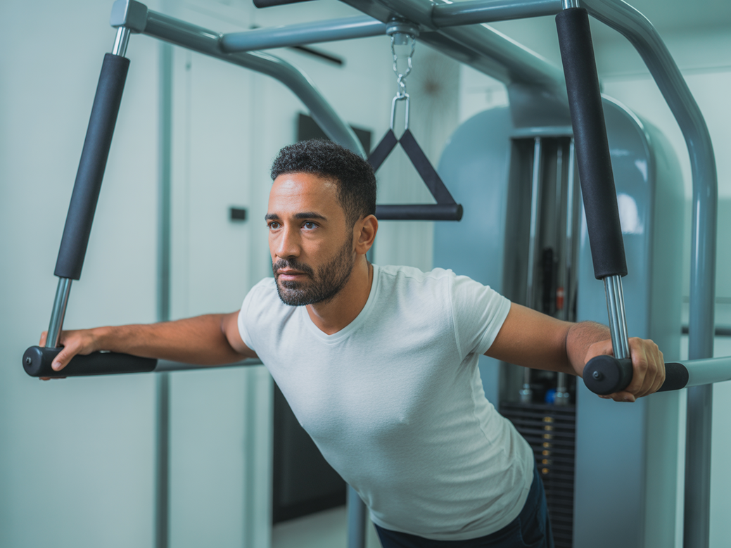 Crucifixo inverso na máquina, excelente para a parte posterior dos ombros na reabilitação pós-covid.