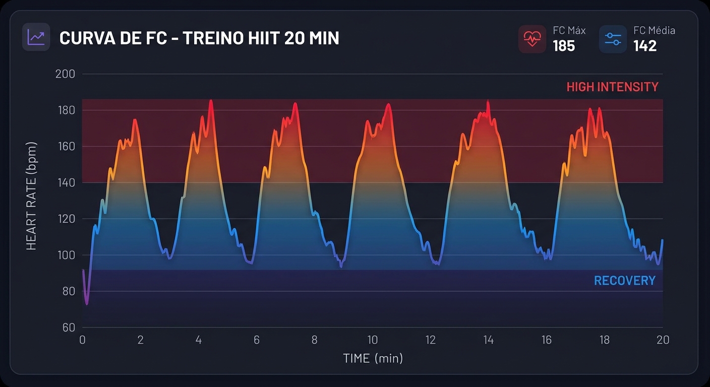 Gráfico da curva de frequência cardíaca durante treino HIIT de 20 minutos com zonas vermelha e azul