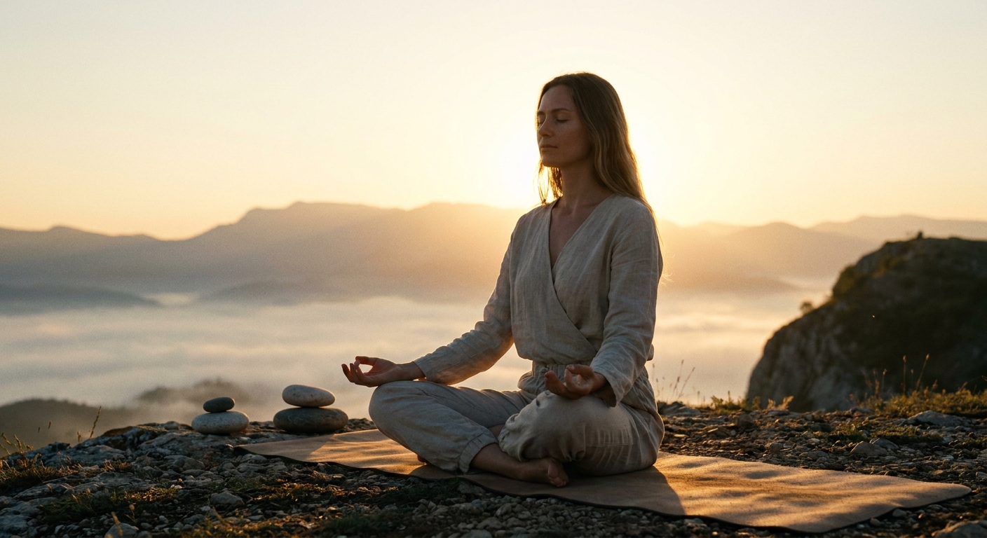 Woman meditating at sunrise practicing daily yoga and meditation routine