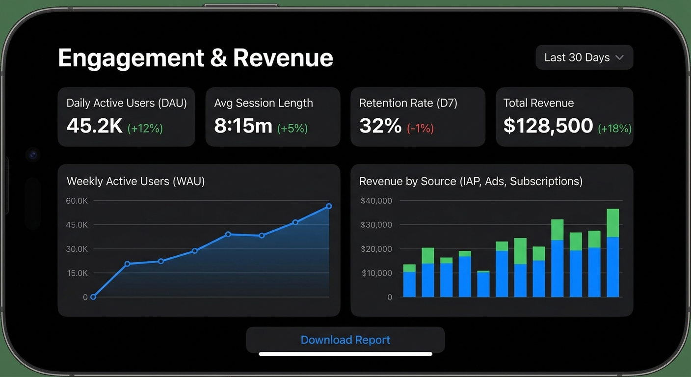 Dashboard de aplicativo de personal trainer mostrando métricas de engajamento