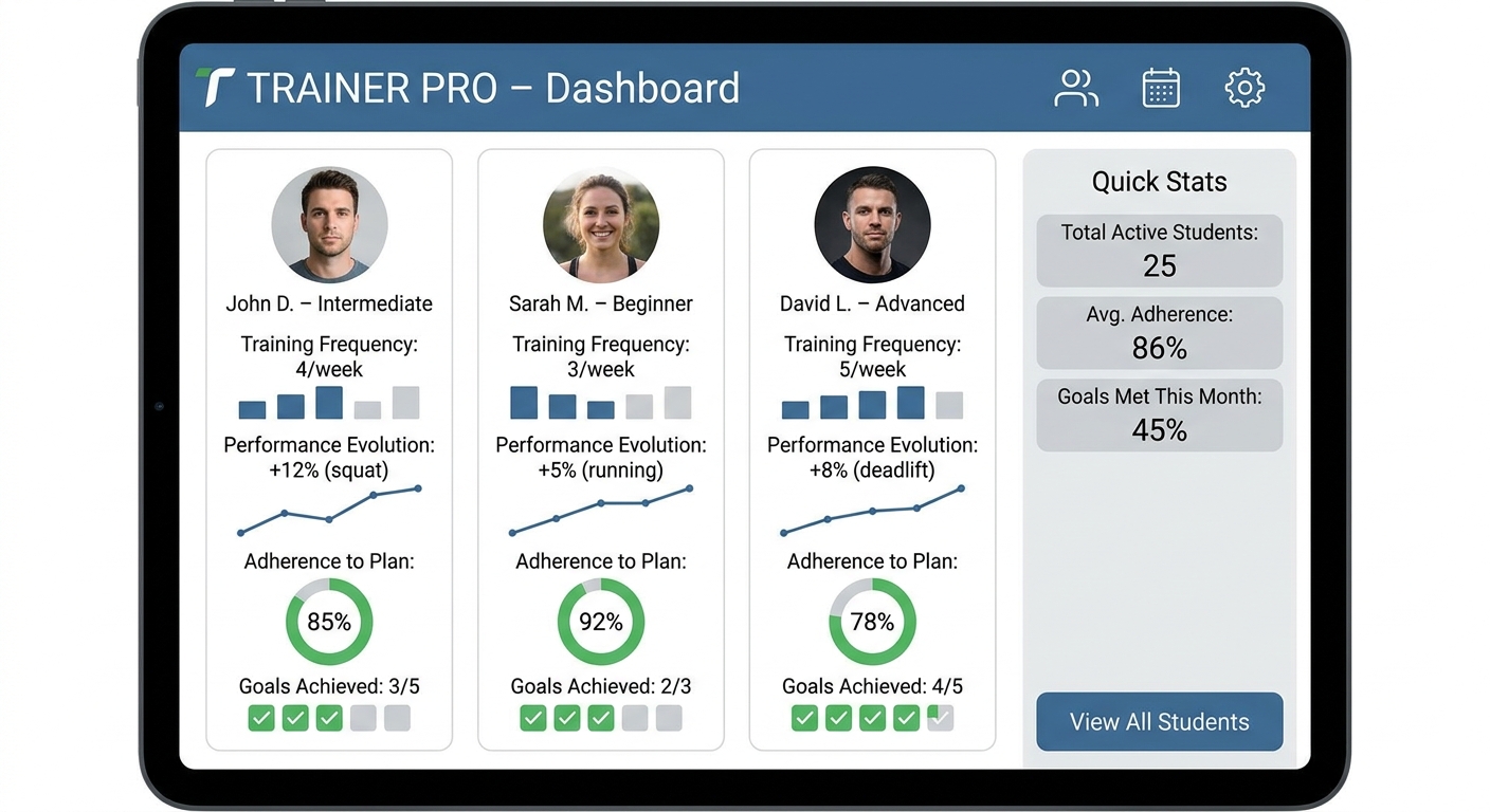 Dashboard de personal trainer app exibindo estatísticas de desempenho e volume de treino dos alunos