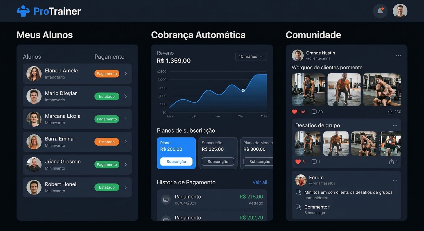 Dashboard do Personal Millbody mostrando gestão de alunos e cobrança automática