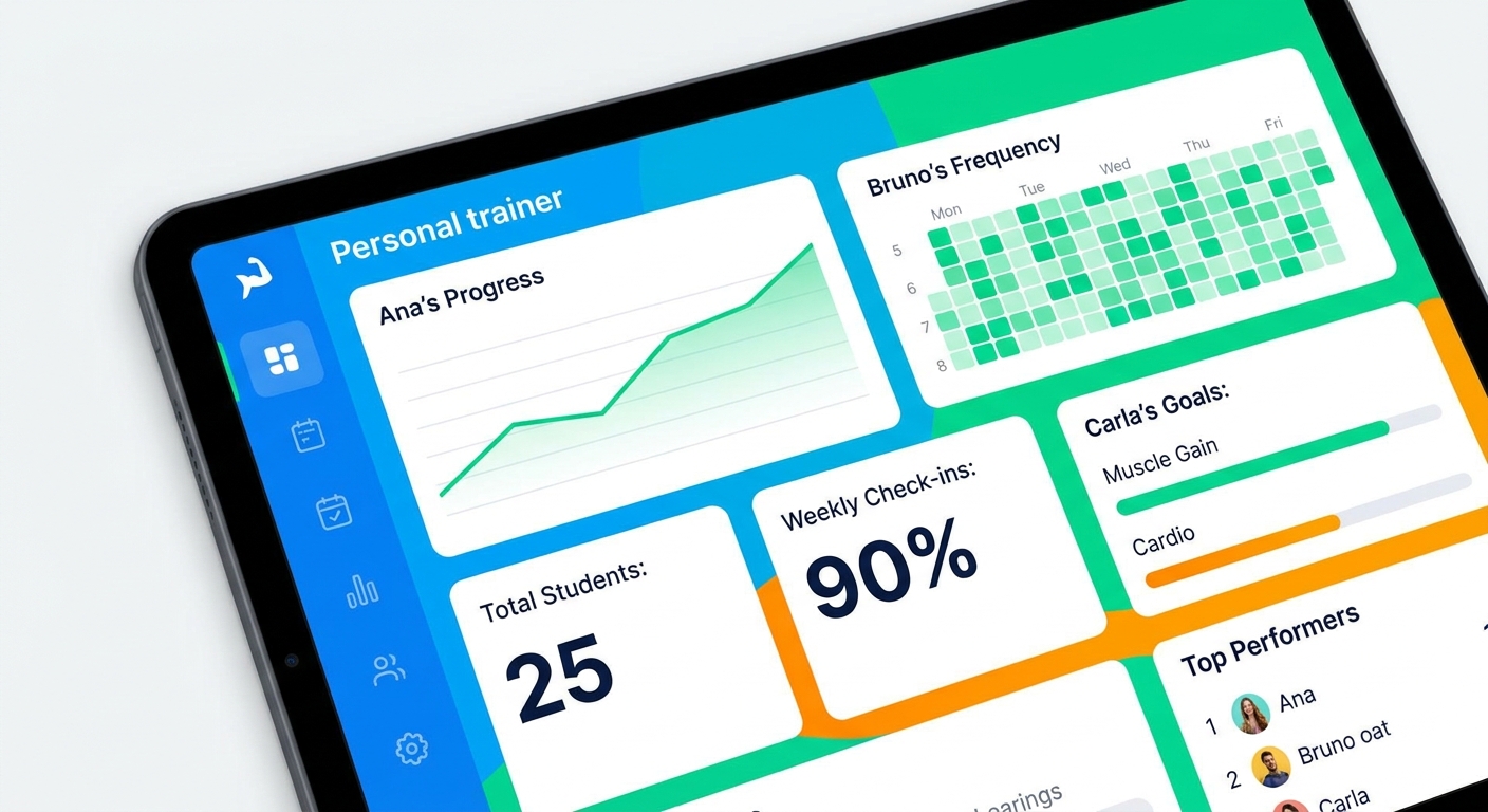 Dashboard de aplicativo para personal trainer mostrando métricas de alunos