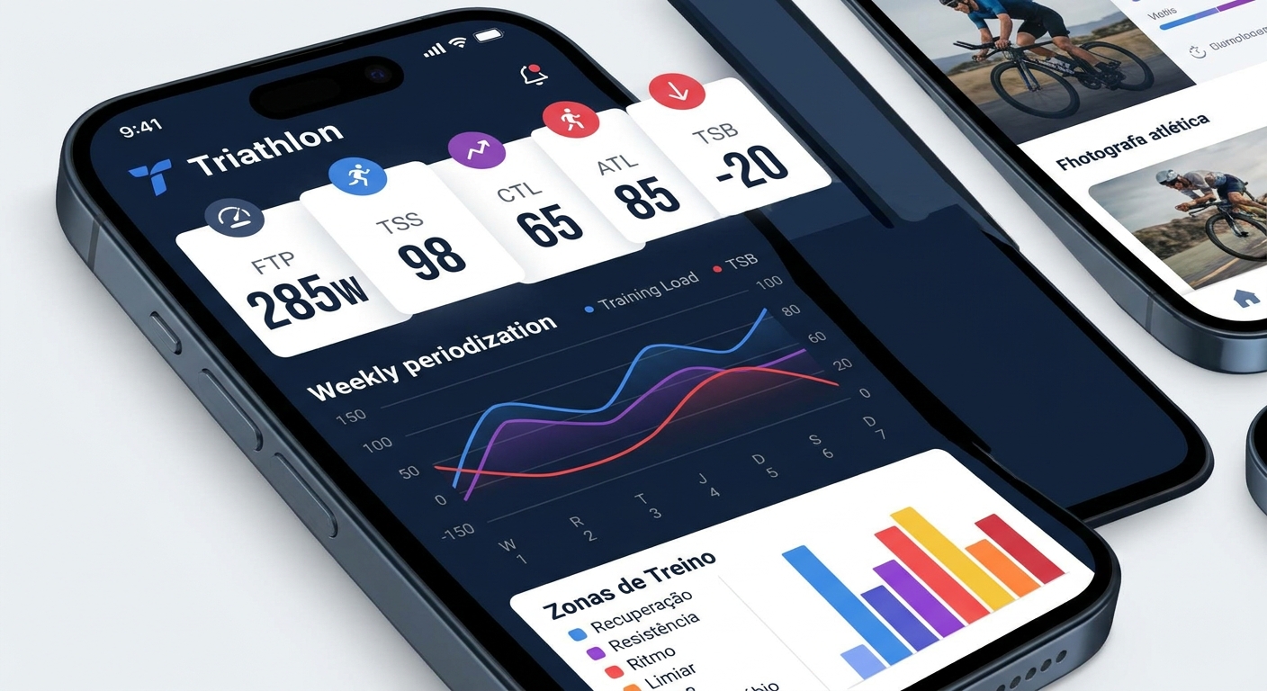 Dashboard de métricas avançadas de triathlon no app Personal Millbody mostrando FTP, TSS, CTL e zonas de treino