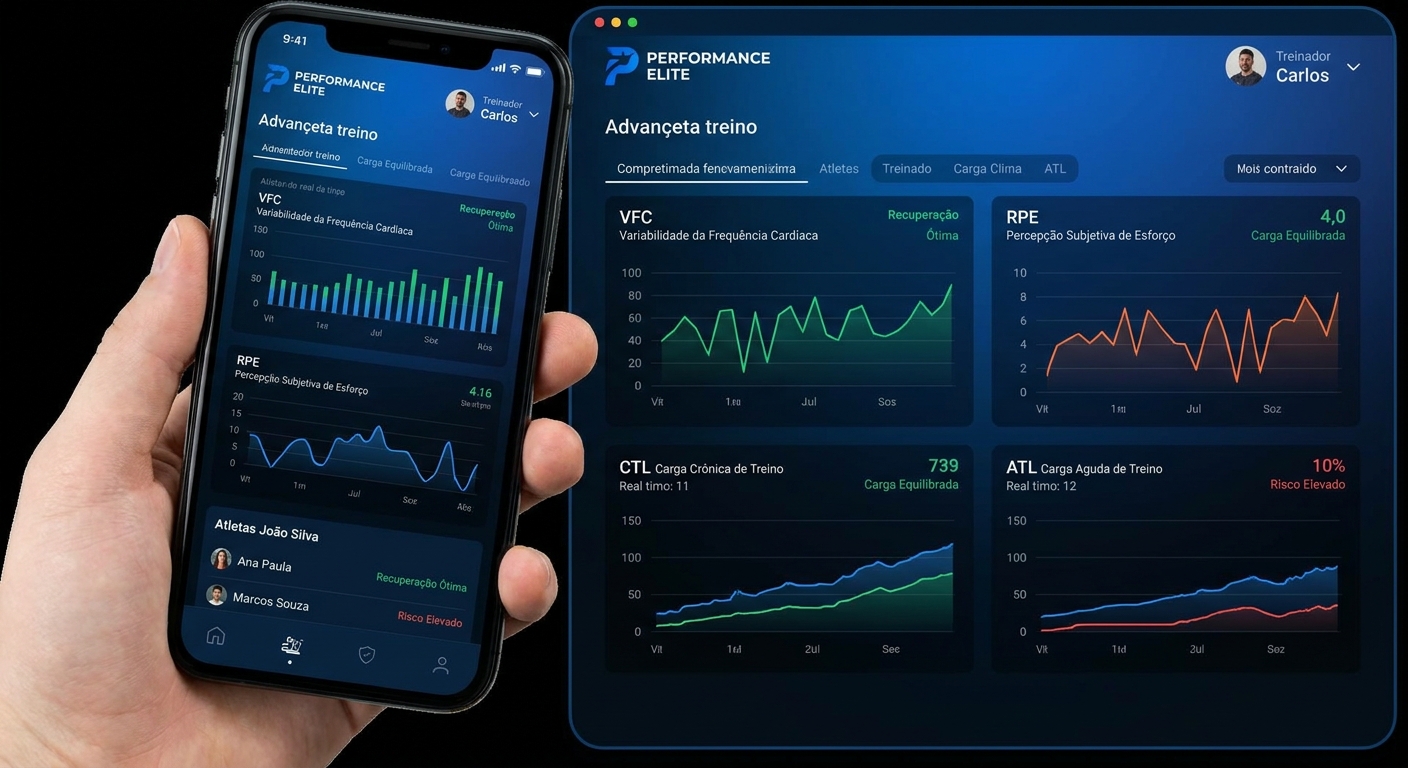 Dashboard do Personal Millbody mostrando monitoramento avançado de treinos com gráficos de VFC, RPE, TSS, CTL e ATL para preparadores de atletas
