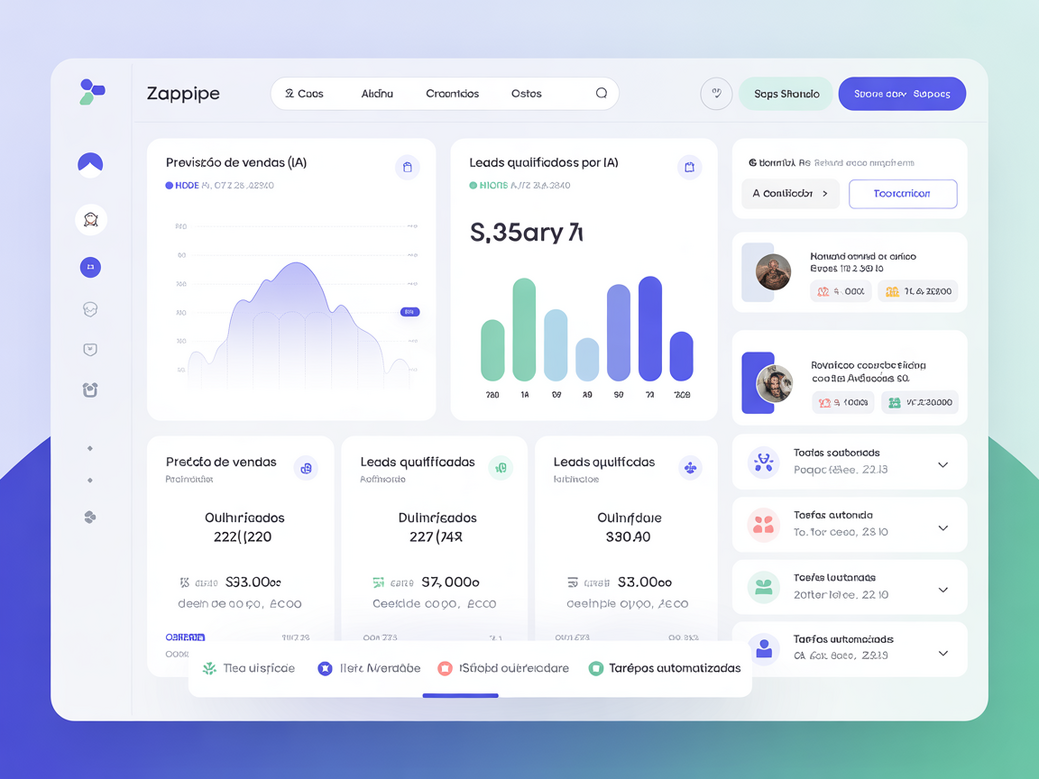 Dashboard do Zappipe CRM com IA mostrando previsão de vendas e leads qualificados.