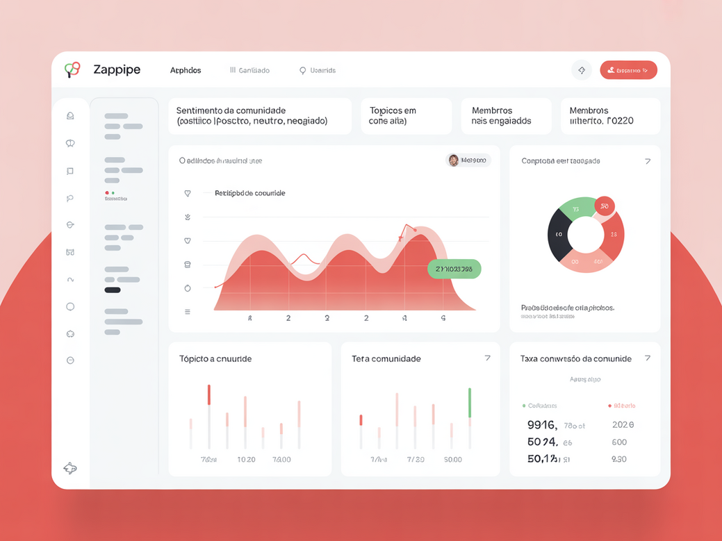 Dashboard do Zappipe, um CRM com IA, mostrando insights de comunidade como análise de sentimento, tópicos em alta e a taxa de conversão de membros em clientes.
