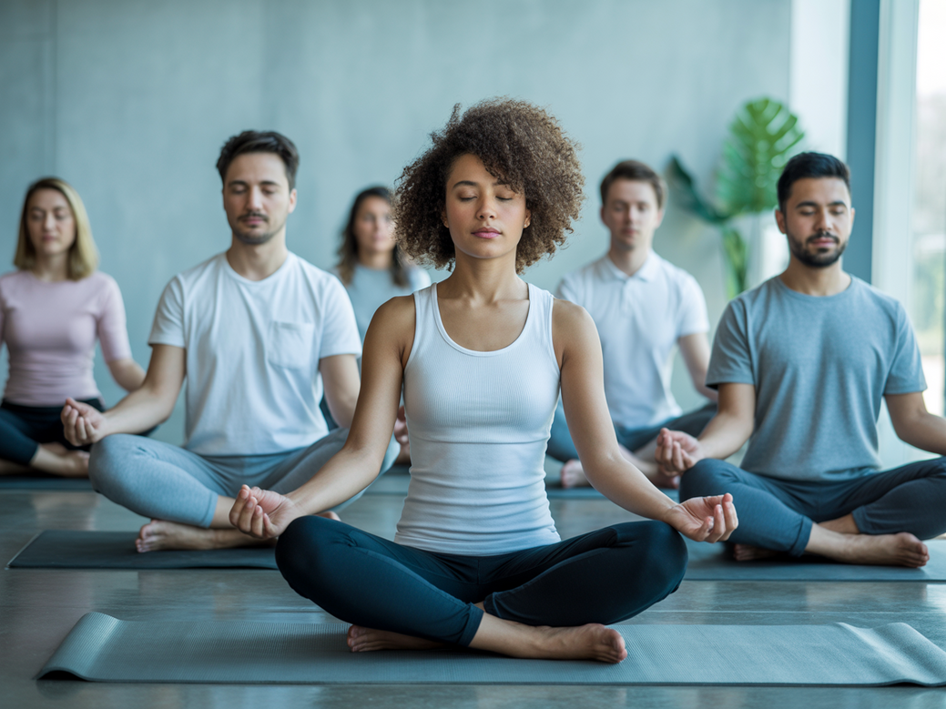 Grupo de profissionais de saúde mental praticando yoga em um ambiente tranquilo como forma de autocuidado e prevenção ao burnout.
